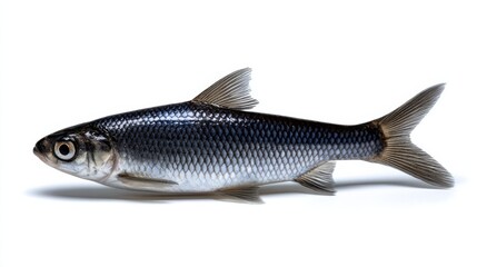 Elegant Black Fish Swimming Gracefully Against Pure White Background Highlighting Its Distinctive Features and Creating a Striking Visual Contrast