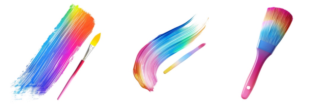 Illustrations showing rainbow colored paint strokes art paintbrushes