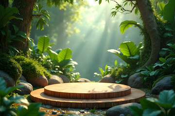 Wooden podium displaying product in sunlit forest setting
