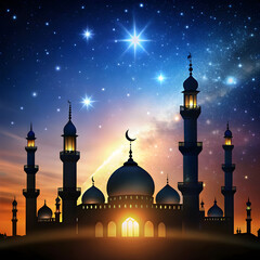 mosque silhouette with minarets against starry nig