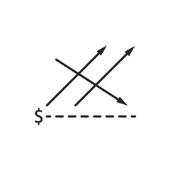 Editable stroke line icon of crossed arrows with a dashed line and dollar sign, symbolizing financial decisions, market divergence, or investment choices. Ideal for apps, websites, and infographics.