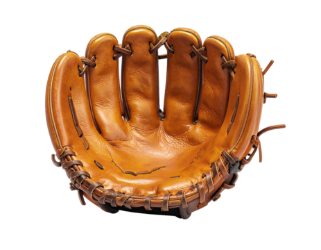 An open brown leather baseball mitt, showing the pocket and stitching, against black
