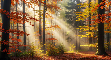 Misty Autumn Forest in Early Sunlight