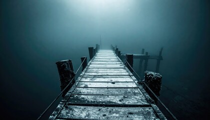 Obraz premium Misty wooden pier over dark water