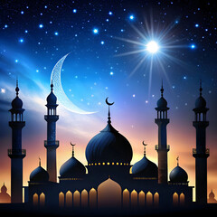 mosque silhouette with minarets against starry nig