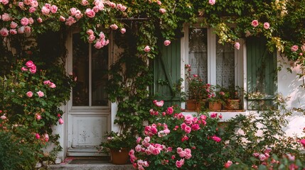 Picturesque exterior of a quaint, old building adorned with an abundance of pink roses and lush green foliage, featuring a white door and a window with green shutters, creating a charming and...