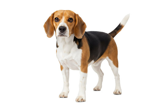 Portrait of a beautiful Beagle breed dog with a smooth coat of various colors, standing gracefully on a plain white background, eyes alert and curious - Powered by Adobe
