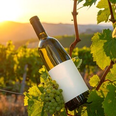 Fototapeta premium Wine bottle with blank label nestled amongst green grapes on a vine at sunset