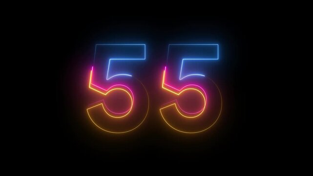 Neon countdown animation from 60 to 0. Colorful glowing line strokes trace of digit, luminous numbers on a dark background. HUD-style reverse minute timer animation. Intro, stream, event, broadcasts