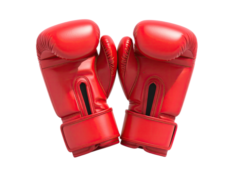 Two red boxing gloves facing each other on black background, perfectly lit