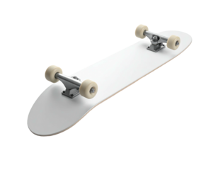 White skateboard in a 3/4 view with the board and wheels illuminated on a black background