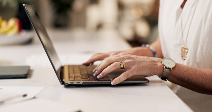 Woman, hands and typing on laptop in home for project draft, editing article and creative process. Remote work, freelance writer and proofreading blog post with editor feedback for story development