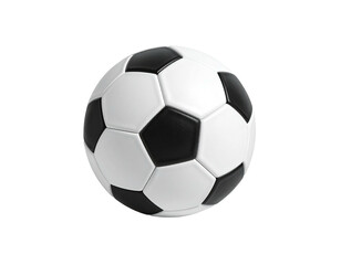A classic soccer ball, round with black and white pentagons, on black background