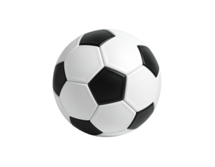 A classic soccer ball, round with black and white pentagons, on black background