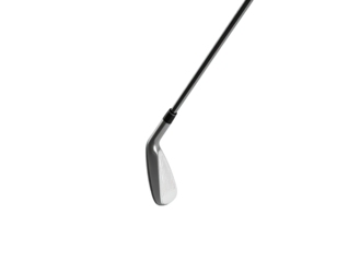 A close-up shot of a metal golf club against a stark black background
