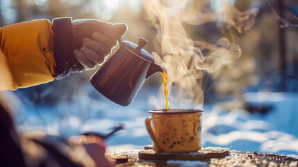 Hand in a glove pours steaming hot coffee from a camping percolator into a yellow enamel mug outdoors on a snowy, sunny morning. Perfect for a wilderness adventure or travel blog.