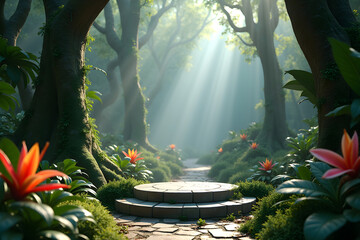 Forest path leading to a mystic stone pedestal