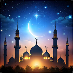 mosque silhouette with minarets against starry nig
