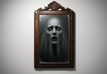 Disturbing apparition in antique mirror, a spectral portrait evoking supernatural dread and haunting mystery, gothic art