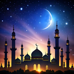 mosque silhouette with minarets against starry nig