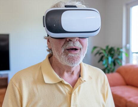 &ldquo;Senior man wearing VR headset, amazed facial expression