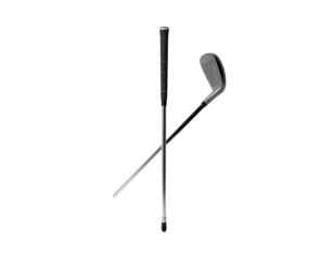 Two golf clubs, one a driver and the other a hybrid, crossing against a black background