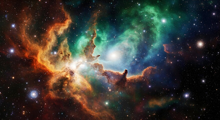 Fototapeta premium Vibrant Cosmic Nebula with Glowing Stars and Colorful Gas Clouds in Deep Space - Breathtaking Astronomical Background for Science and Exploration