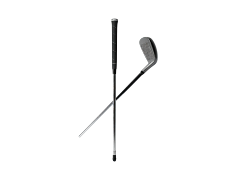 Two golf clubs, one a driver and the other a hybrid, crossing against a black background