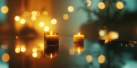 Warm candlelight on reflective surface.