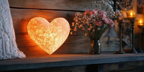 Warm heart shaped lamp illuminating cozy room.