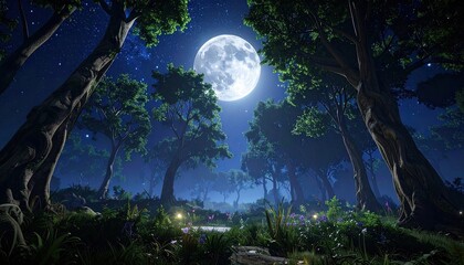 Moonlit forest scene at nighttime