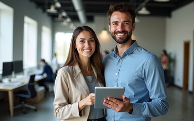 a confident professional man and woman standing with smile in a modern office environment. holds a digital tablet in his hand. High quality