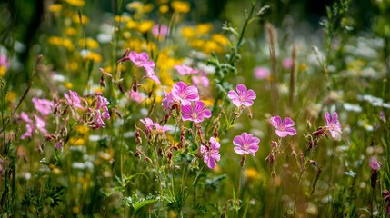 Fototapeta premium Vivid photograph captures a vibrant wildflower meadow bursting with life, displaying a variety of colorful blossoms.