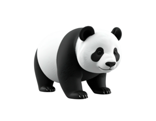 A friendly, cartoon panda bear with black and white fur standing on a black background