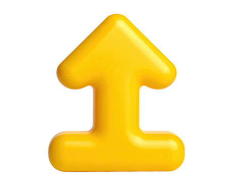 A glossy, yellow arrow, pointing upwards, with rounded edges, isolated on black