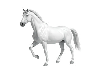 Majestic white horse, poised in graceful movement, against a stark black backdrop