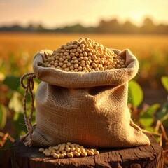 Burlap sack filled with soybeans