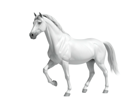 Majestic white horse, poised in graceful movement, against a stark black backdrop
