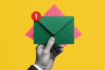 Hand holding green envelope with red notification on yellow background, symbolizing new message or email alert in modern communication concept. Ai generative