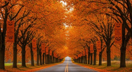 Fototapeta premium Autumn Road and Tree Canopy: A long, winding road stretches into the distance, framed by a vibrant canopy of autumnal trees. The scene radiates the essence of fall's beauty.