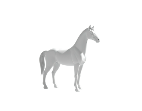 A standing monochrome horse, rendered with shading, against a black background