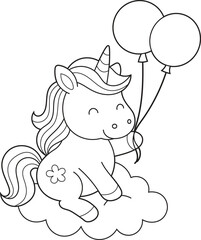 Cute Cartoon Unicorn Sitting on a Cloud Holding Balloons with Butterfly and Stars. Whimsical Fantasy Printable Coloring Page for Kids