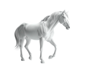A bright white horse in a graceful trotting pose on a black background