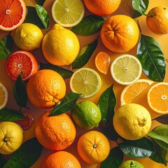 Assorted citrus fruit with green leaves