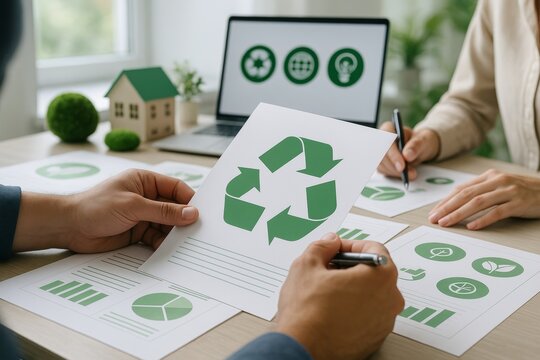 Team analyzing sustainability and recycling charts at eco-friendly workplace with green icons and graphs on wooden desk in natural light office setting. Ai generative