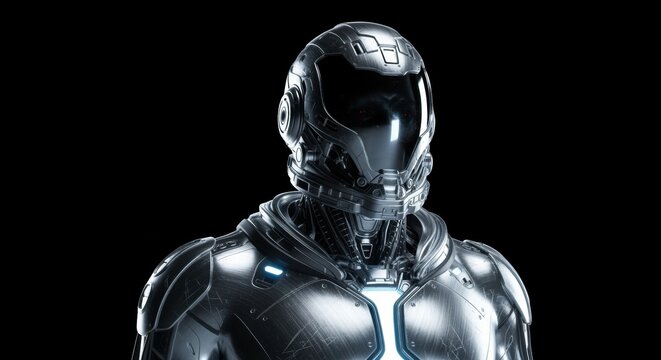 Portrait of a Futuristic Cyborg in Metallic Armor