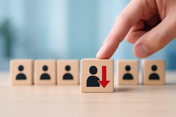 Business hand points to a wooden cube featuring a downward red arrow, clearly symbolizing employee layoffs, corporate downsizing, and workforce reduction decisions