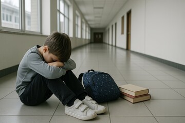 Sad boy sitting alone on school hallway floor with head down near backpack and books expressing loneliness and emotional distress concept. Ai generative
