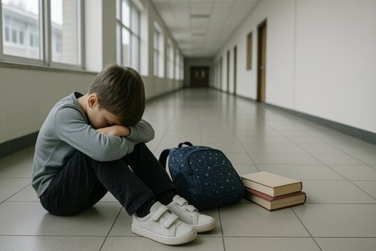 Sad boy sitting alone on school hallway floor with head down near backpack and books expressing loneliness and emotional distress concept. Ai generative