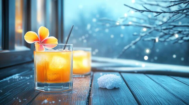 Orange cocktail in glass garnished with flower vibrant orange beverage adorned with delicate flower